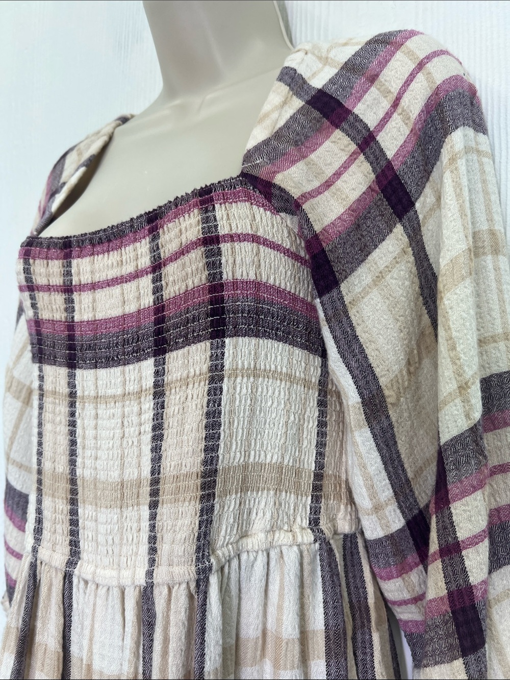 Marine Layer - Ivy Plaid Smocked Long Sleeve Square Neck Tiered Midi Dress Small - Picture 9 of 12
